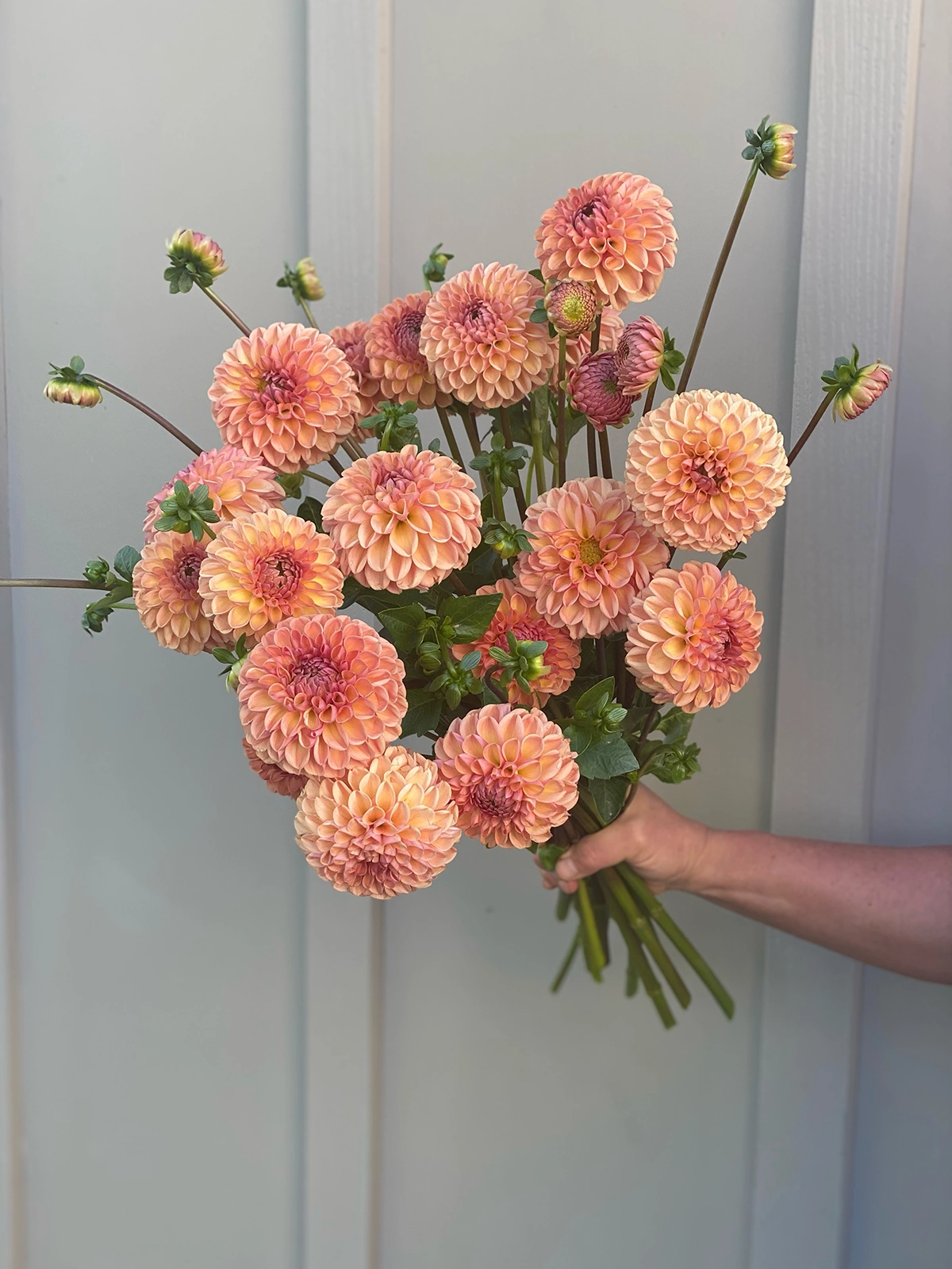 Valley Tawny bouquet with warm peach toned seasonal blooms arranged in a natural style